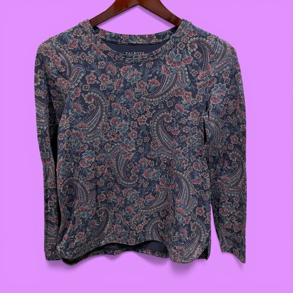 Talbots Tops - Cute cotton stretch Talbots navy floral paisley swirl long sleeve crew neck top